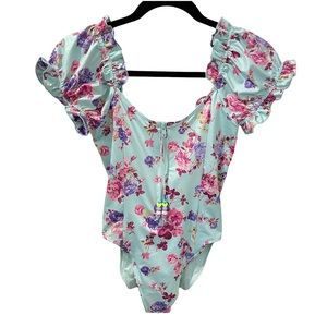 LoveShackFancy Fantasia One Piece Turquoise Skies Floral Ruffle Swimsuit Size XS
